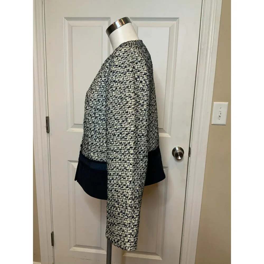 Tory Burch Lucille Metallic Tweed White & Navy Blue Wool Jacket, Size 14